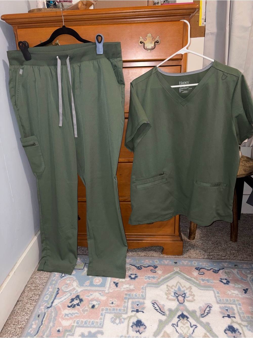 Hanes Olive Green Women's Scrub Top & Drawstring Straight Scrub Pants